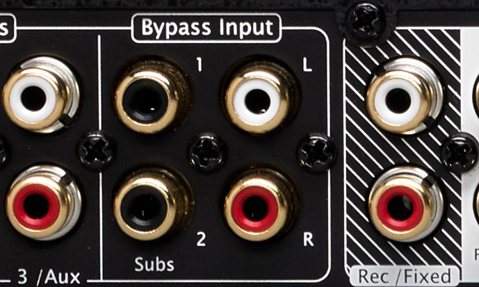 Zoomed-in view of Bypass inputs on back of amp