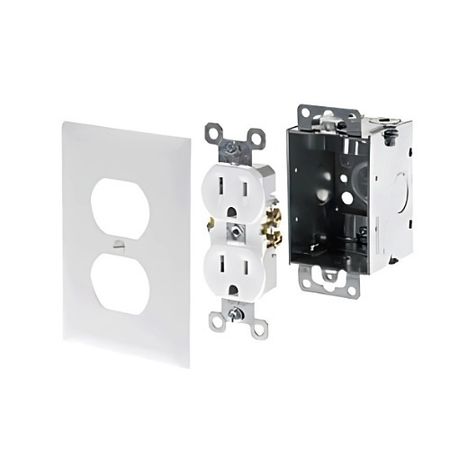 On-Q F7526 Duplex Power Kit, Includes Electrical Box, Duplex Receptacle and Faceplate, White 