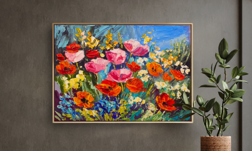 Lit painting with colorful flowers