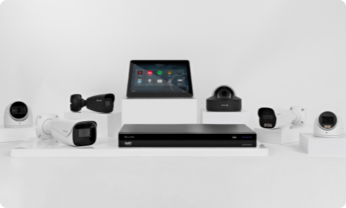 Group of Luma Cameras and NVR along a Control4 Tablet