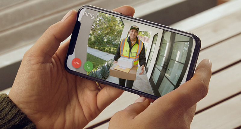 Mobile device showing Ring app on its screen