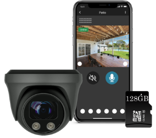 Collage of a dome camera, the app on a smartphone, and a memory card