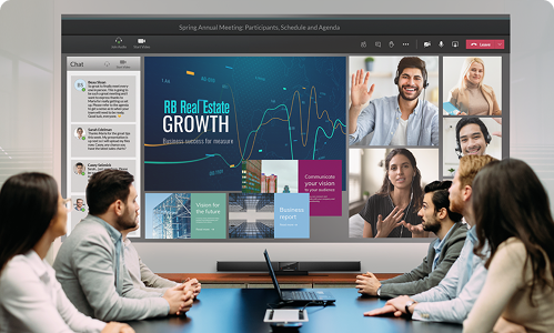 Projection screen in a boardroom with people around a table