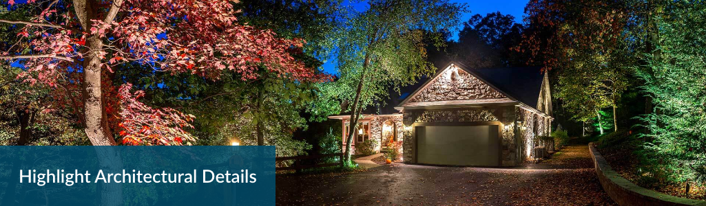 Dusk scene of house lit up with FL Luminaire lights with the heading Highlight Architectural Details