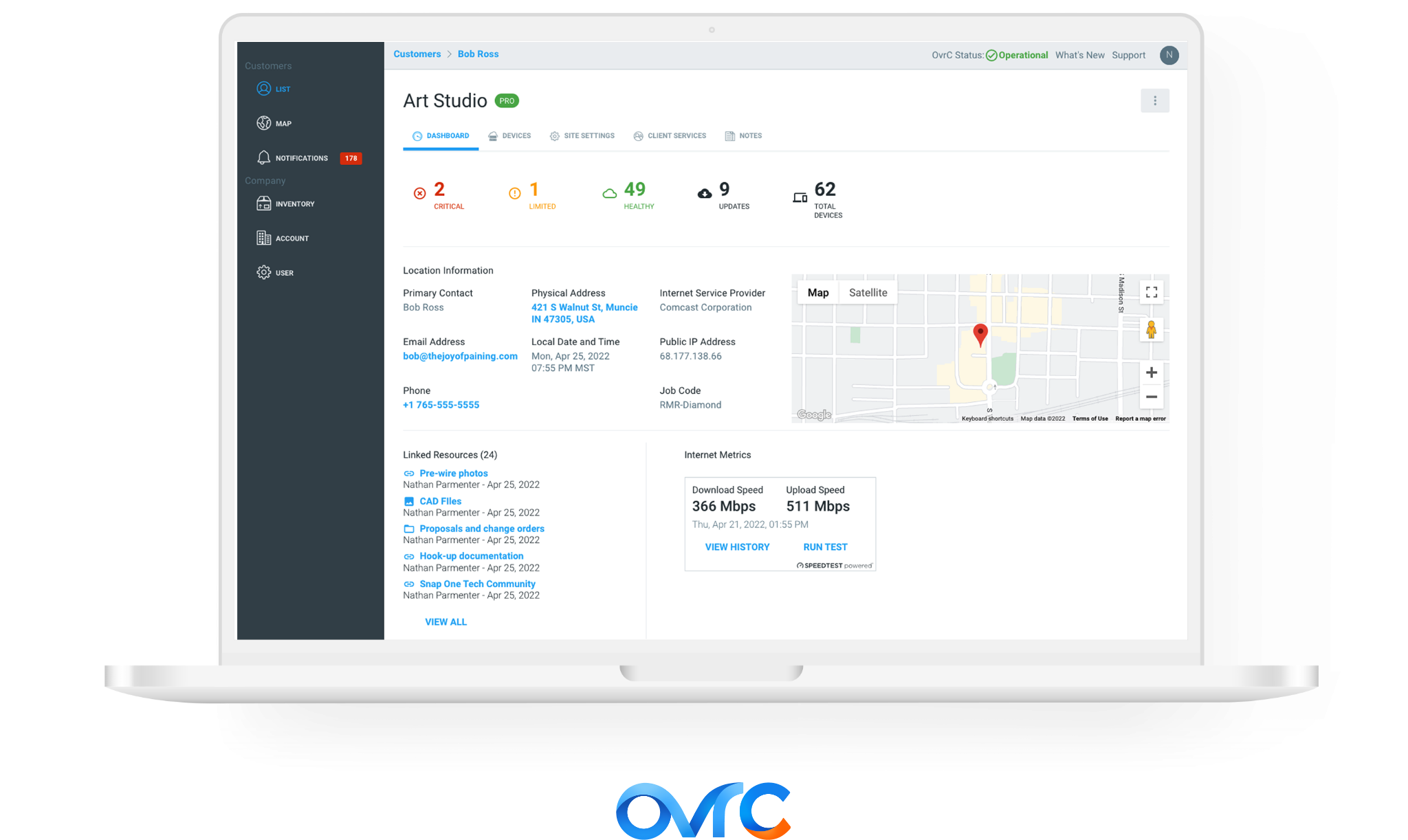 Snippet of the OvrC dashboard with speed test history