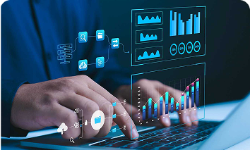 fingers at a computer with a digital graph overlay
