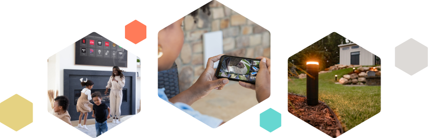 Header image of a doorbell camera, switch, camera install, security panel and security app.