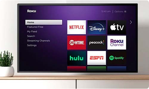 Roku start up screen on TV mounted to a wall