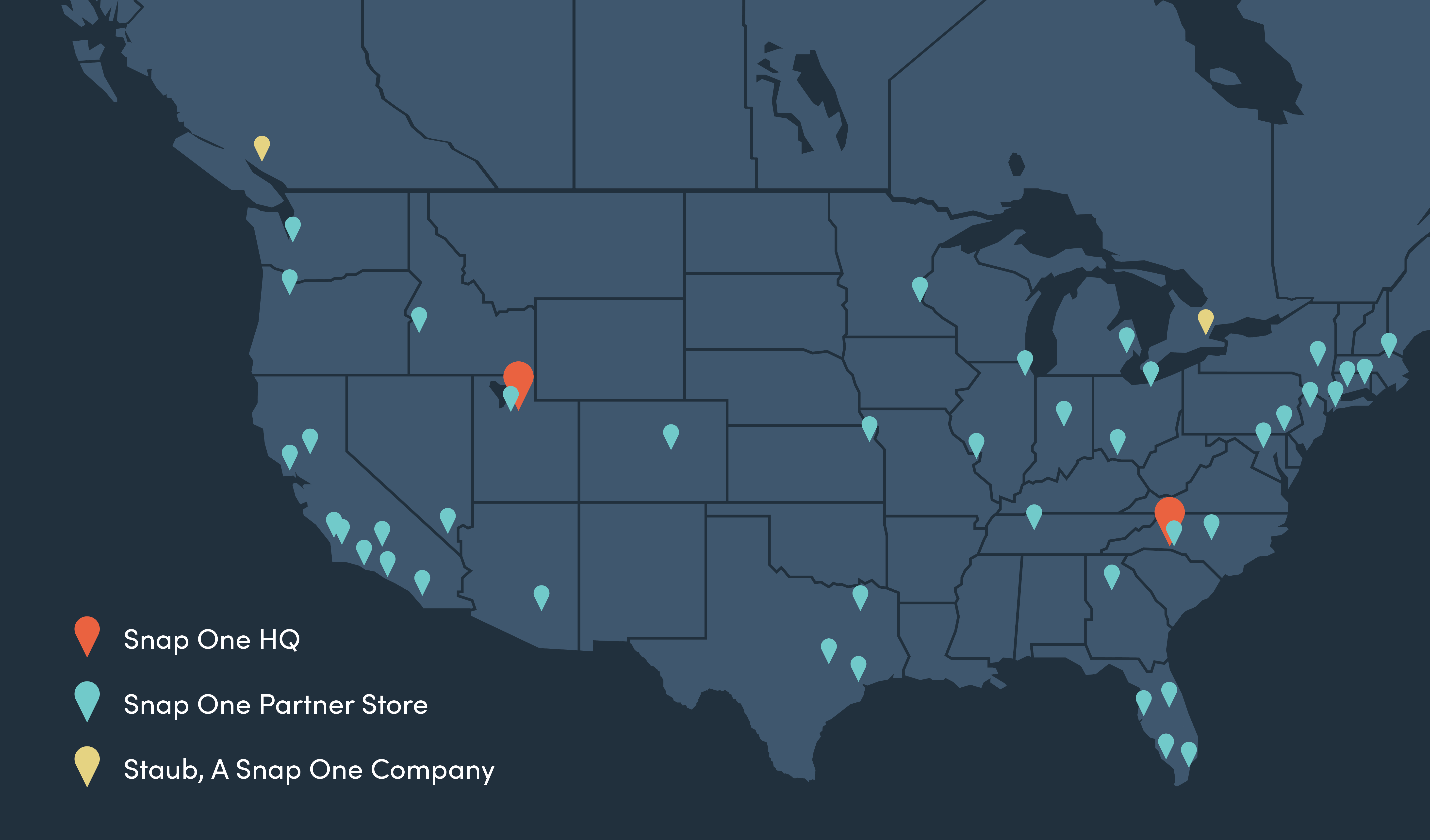 Map of United States with pin points of all the Snap One Locations