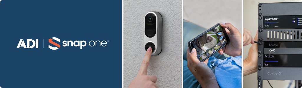 Header image of a doorbell camera, switch, camera install, security panel and security app.