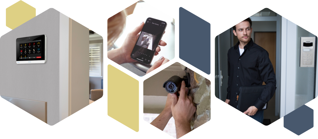 Header image of a doorbell camera, switch, camera install, security panel and security app.