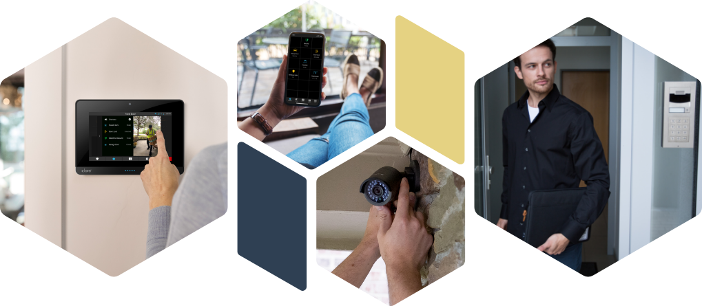 Header image of a doorbell camera, switch, camera install, security panel and security app.