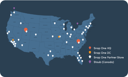 Map of United States with pin points of all the Snap One Locations