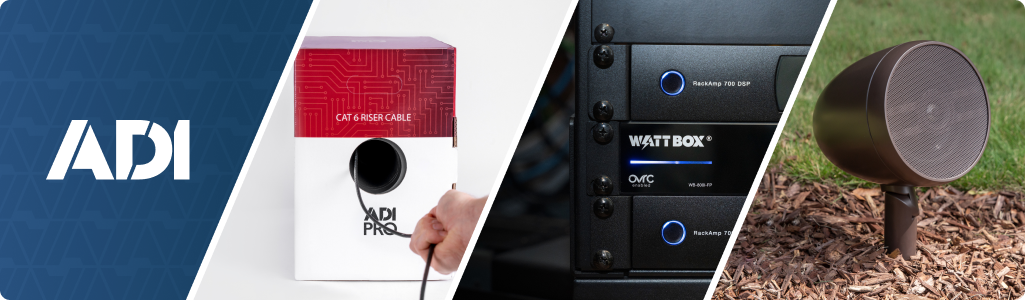 Header image of a Episode Landscape speaker, Wattbox UPS and ADI Pro Cat 6 Riser Cable box