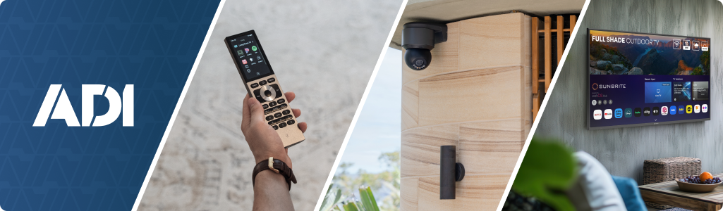 Header image of a remote, dome camera, and SunBrite outdoor TV