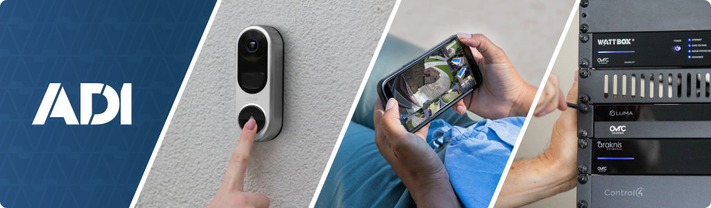 Header image of a doorbell camera, switch, camera install, security panel and security app.