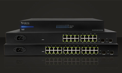 Araknis switches showing the POE ports found on back of device