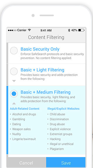 Iphone screen with Content Filtering Dashboard displayed
