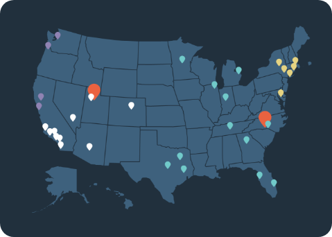 Map of United States with pin points of all the Snap One Locations