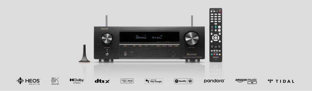 Receiver with logos of compatible streaming services below it