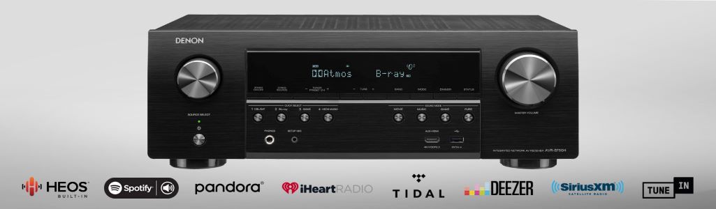 Receiver with logos of compatible streaming services below it