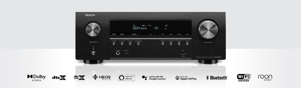 Receiver with logos of compatible streaming services below it