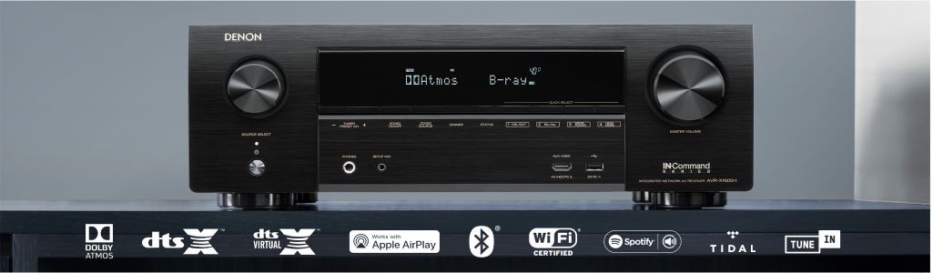 Receiver with logos of compatible streaming services below it