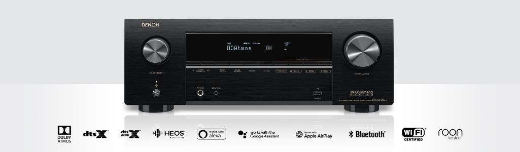 Receiver with white background and logos of compatible streaming services below it