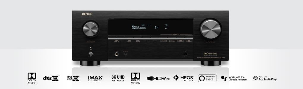 Receiver with black background and logos of compatible streaming services below it