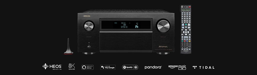 Receiver with black background and logos of compatible streaming services below it
