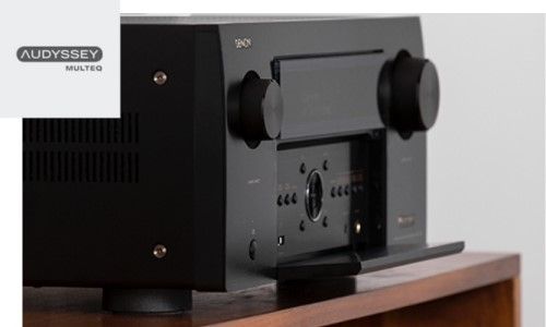 Side view of the Denon A1H the the Audyssey logo on it