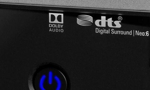 Close up of Dolby and DTS logos on AVR
