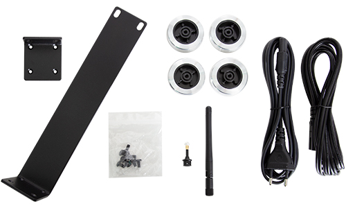 Pack out view of all items box including mounting points, rubber feet, rack mount kit
