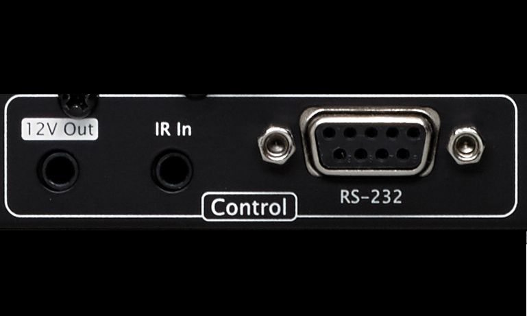 Zoomed-in view of RS-232 control, IP input, and 12V trigger on back of amp