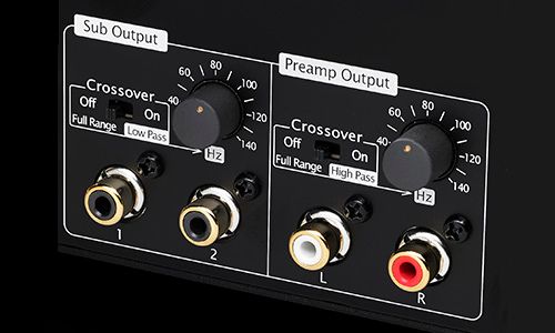 Zoomed-in view of crossover dials on amp