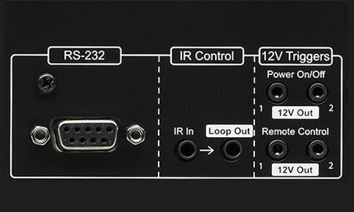 Zoomed-in view RS-232 control, IR Control ports, and 12V triggers