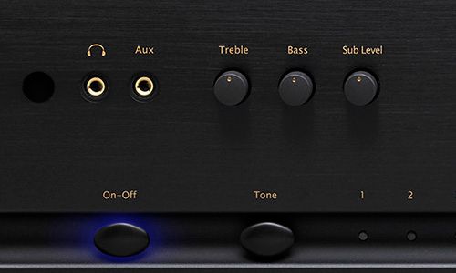 Subwoofer level control dials on front of amp