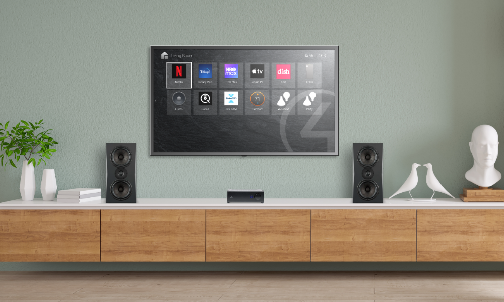 Image of television set-up with speakers and Triad SA1 Amplifier