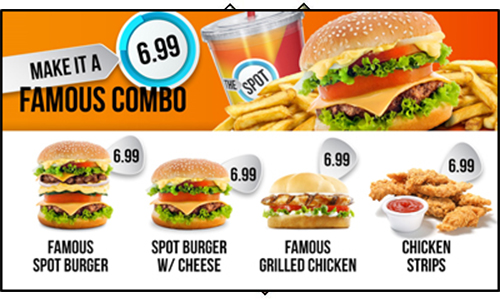 Menu displaying burgers and combos