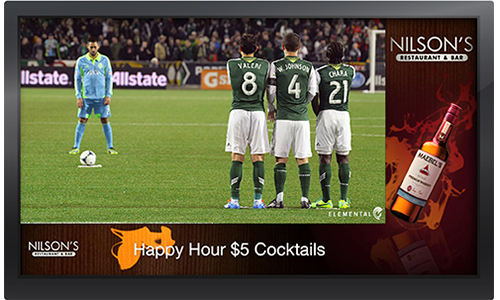 Restaurant screen displaying specials and a soccer game