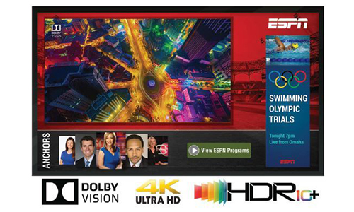 Screen displaying sports scene with Dolby Vision, 4K and HDR logos