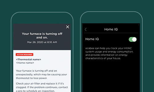 ecobee user interface on a mobile device showing the alerts and service reminders