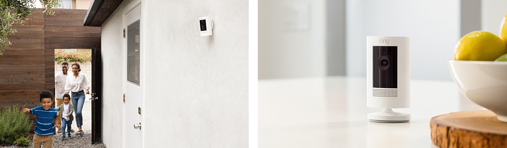 Family walking outside a home with a Ring camera on wall