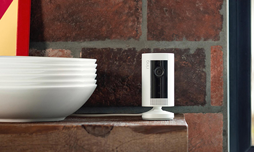 Ring Indoor cam sitting on kitchen shelf