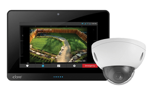 Dome camera with tablet displaying camera view