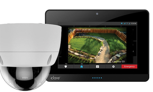 Dome camera with tablet displaying camera view