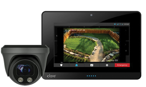 Dome camera with tablet displaying camera view