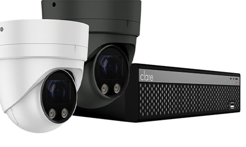 Angled view of NVR and 2 Dome cameras
