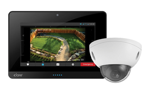 Dome camera with tablet displaying camera view