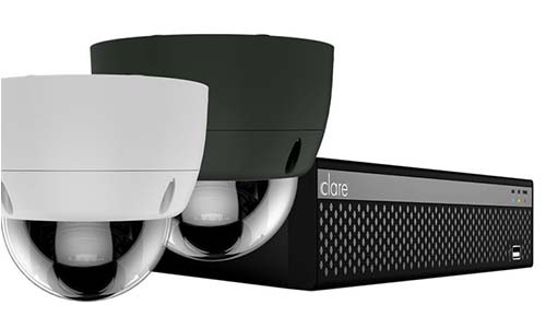 A collage of white and black dome cameras with an NVR